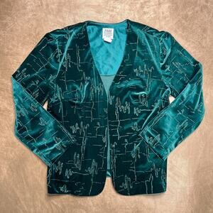 Vintage 90s R&M Richards Karen Kwong Teal Abstract Glitter Open Front Jacket